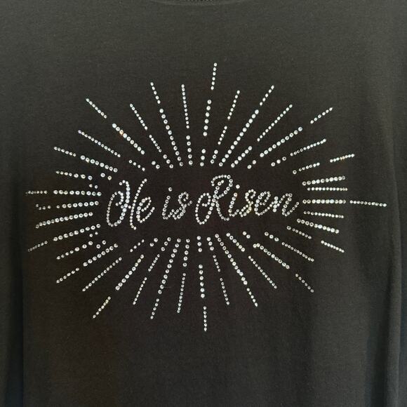 Rhinestone He Is Risen Easter T-Shirt Short Sleeve Black Tee NEW Sparkly! - Picture 3 of 4